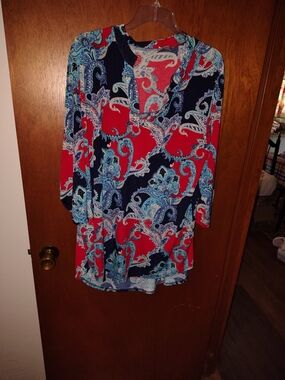 Source Unknown Red & Navy Paisley V-Neck Tunic